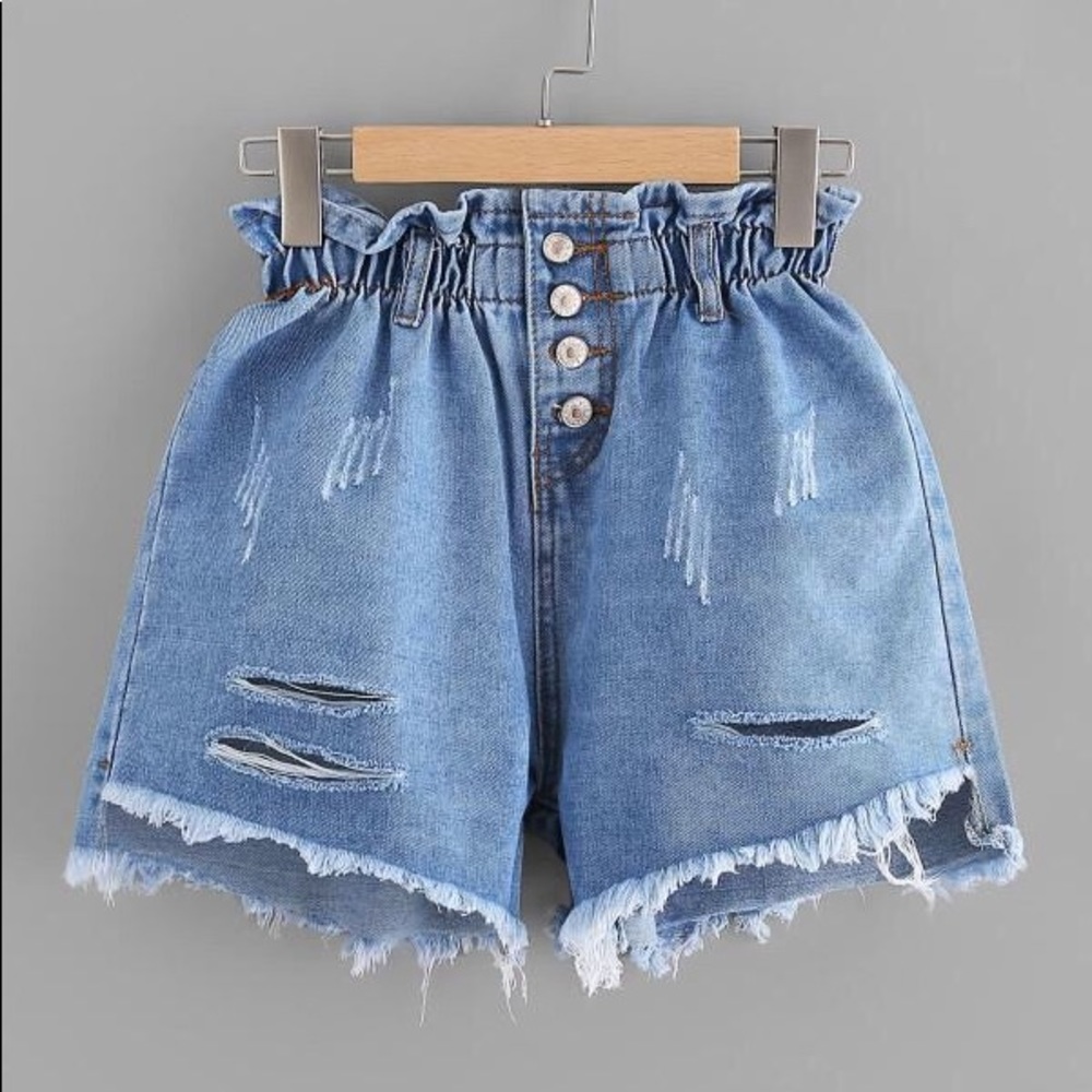 Ripped Frayed Hem Shirred Denim Shorts